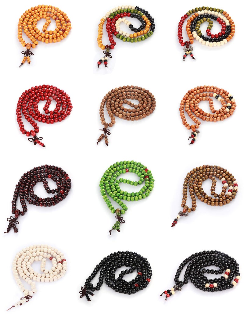 LOYALLOOK 12Pcs 108 Mala Bead Bracelets 8MM Buddhist Prayer Strand Sandalwood Wood Beaded Bracelet Necklace Elastic Handmade Multilayer Tibetan Buddha Link Wrist Bracelets Meditation Necklace Chain - Image 2
